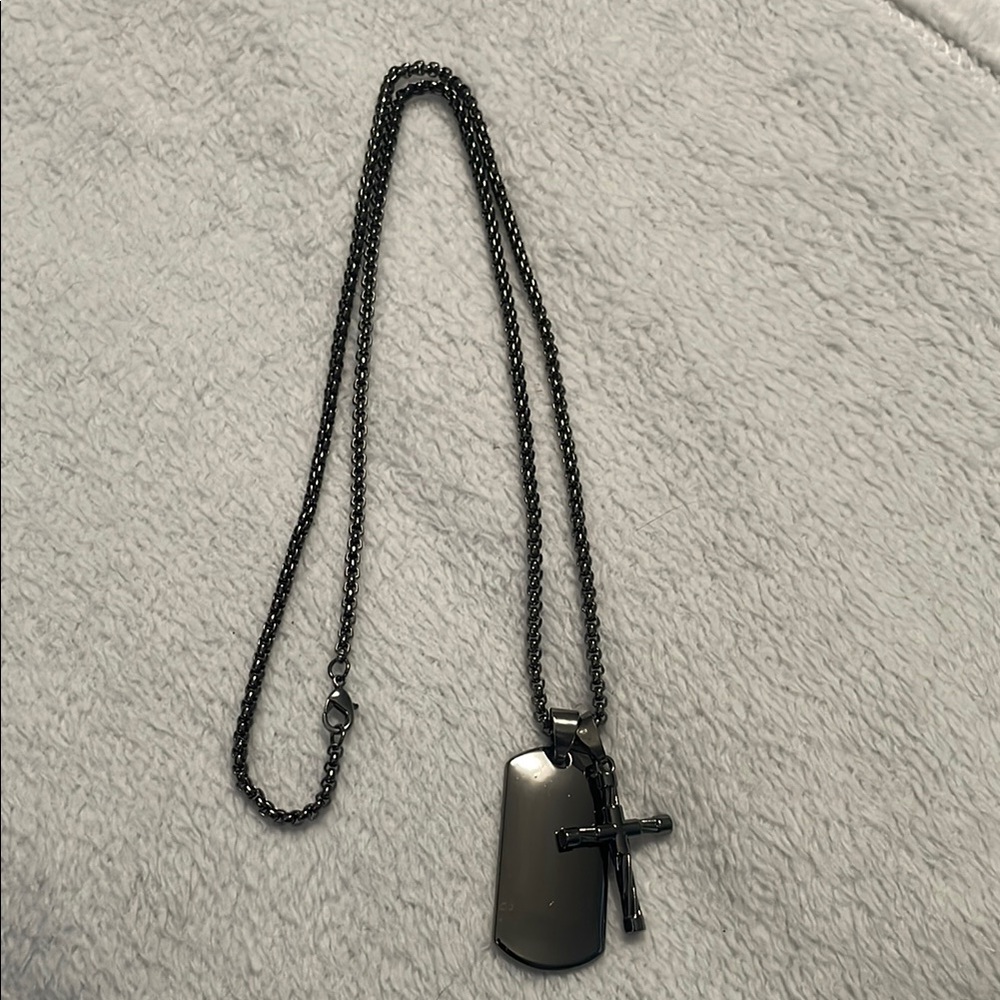 Mens‎ Gunmetal Dog Tag with Cross Pendant Necklace